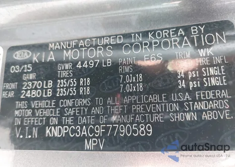 2015 Kia Sportage Ex z USA, uszkodzony, nr VIN KNDPC3AC9F7790589